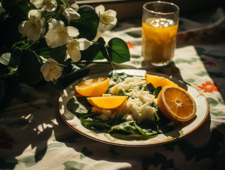 a plate of food on a table with a glass of orange juiceの素材