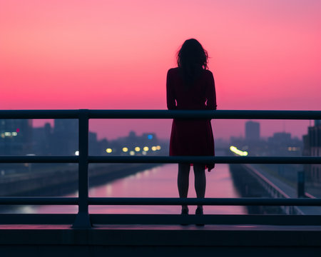 a silhouette of a woman standing on a bridge at sunsetの素材