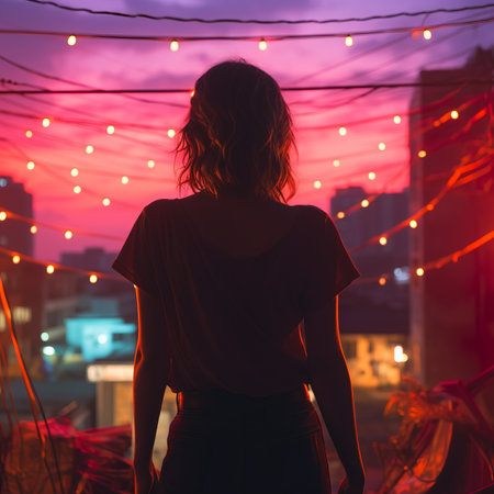 a silhouette of a woman standing on a rooftop looking at the sunsetの素材