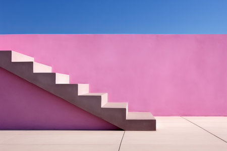 a pink wall and stairs in front of a blue skyの素材