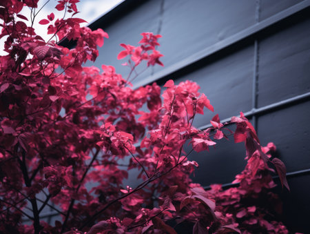 a plant with red leaves is in front of a black wallの素材