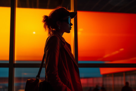a silhouette of a woman standing in front of a windowの素材