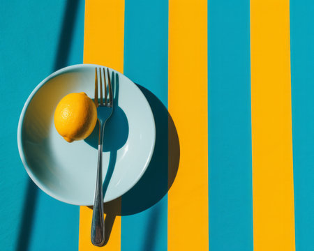 a plate with a lemon and fork on a blue and yellow striped tableの素材