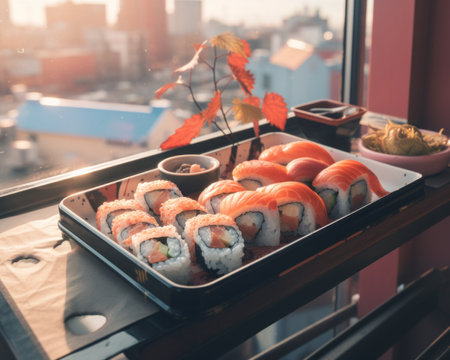 a tray of sushi on a table with a view of the cityの素材