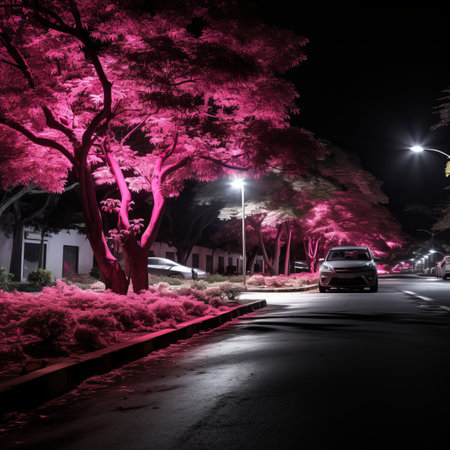 a street lit up with pink trees at nightの素材