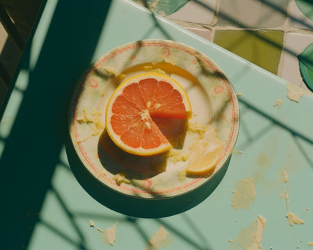 a plate with a slice of grapefruit and a lemon on itの素材