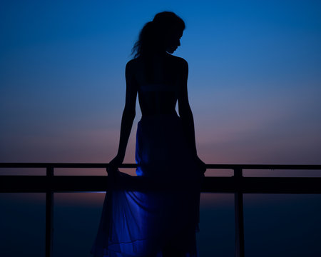 a silhouette of a woman in a long dress standing on a balconyの素材