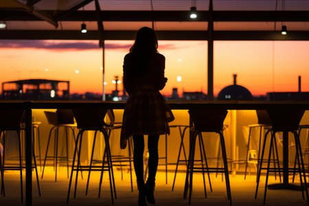 a silhouette of a woman standing in front of a barの素材