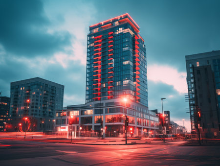 a tall building with red lights on it at nightの素材