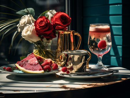 a table with a glass of water a plate of fruit and a vase of flowersの素材