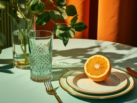 a table with a glass of water and a plate with an orange on itの素材