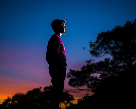 a silhouette of a man standing on a hill at sunsetの素材