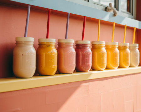 a row of mason jars lined up on a wallの素材