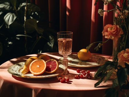 a table with a glass of wine and oranges on itの素材