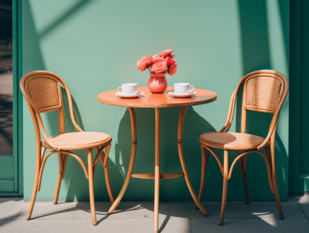 a table with two chairs and a vase of flowersの素材