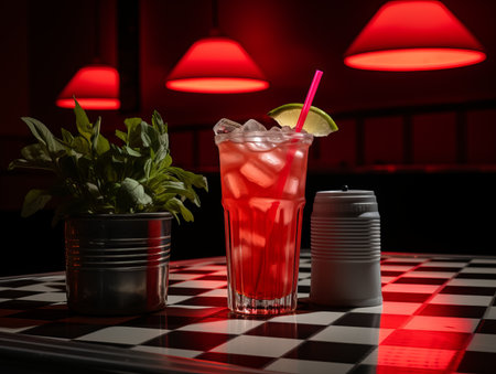 a red drink sitting on a checkered tableの素材