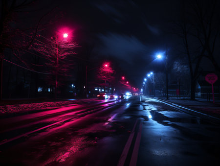 a street at night with red and blue lightsの素材