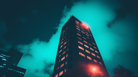 a tall building is lit up at nightの素材