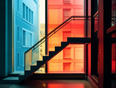 a stairway in front of a building with colorful windowsの素材