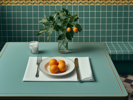 a table with a plate of oranges and a vase of flowersの素材