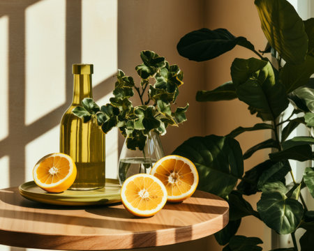 a table with an orange and a bottle of olive oilの素材