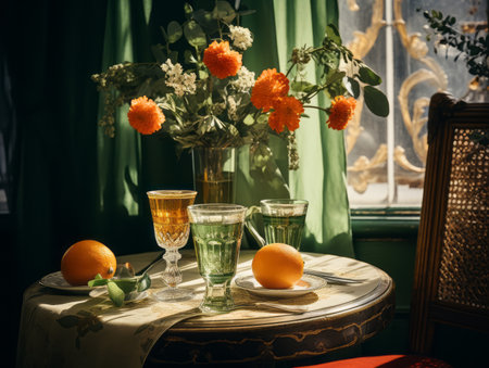 a table with a vase of flowers and a glass of orange juiceの素材