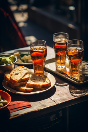 a table with food and drinks on itの素材