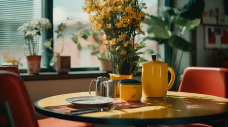 a table with yellow chairs and a vase of flowers in front of a windowの素材