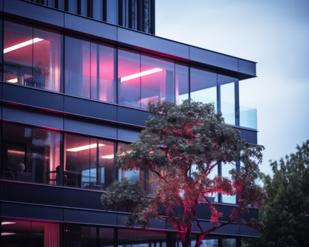 a tree in front of an office building with red lightsの素材