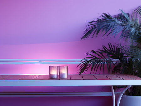 a table with two candles and a plant in front of a purple wallの素材
