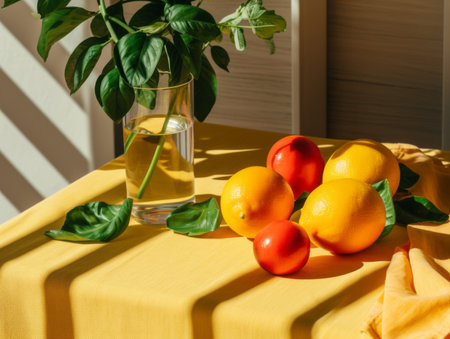 a table with oranges and a plant on itの素材