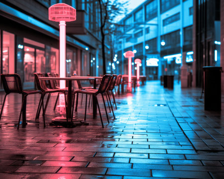 a row of chairs and tables on a sidewalkの素材