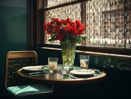 a vase of red flowers sits on a table in front of a windowの素材
