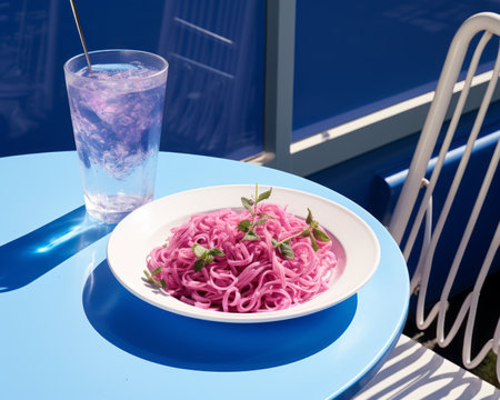 a white plate on a blue tableの素材