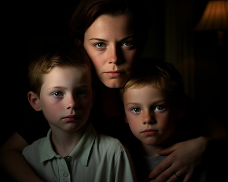 a woman and two boys in a dark roomの素材
