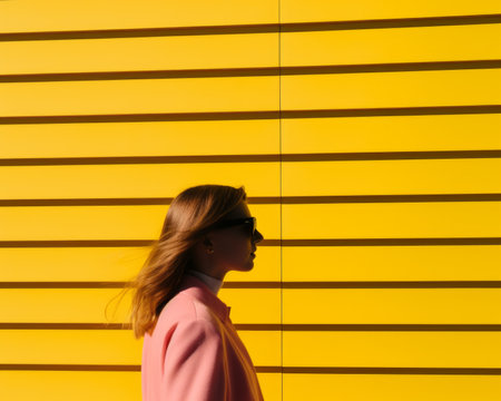 a woman in a pink coat standing in front of a yellow wallの素材