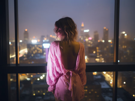 a woman in a pink dress standing in front of a window looking out at the cityの素材