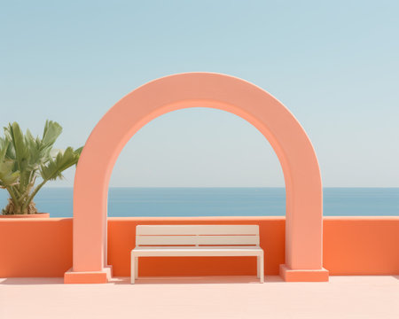 a white bench sitting in front of an arch with the ocean in the backgroundの素材