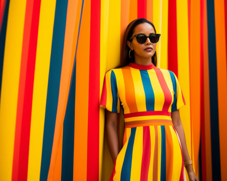 a woman in a colorful dress and sunglasses leaning against a wallの素材