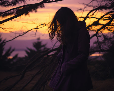 a woman in a purple coat stands in front of a tree at sunsetの素材