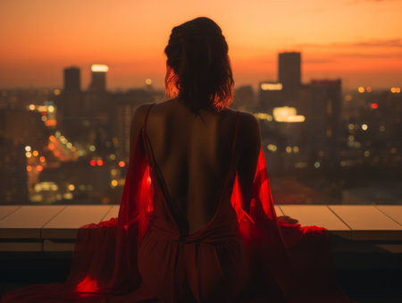 a woman in a red dress sitting on a ledge overlooking the city at sunsetの素材