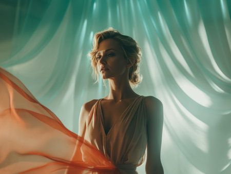 a woman in a dress standing in front of a curtainの素材