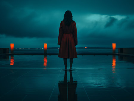 a woman in a red dress standing in a pool at nightの素材