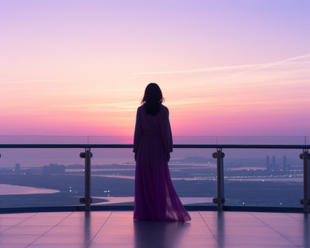 a woman in a long dress standing on a balcony looking at the sunsetの素材