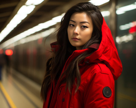 a woman in a red coat standing on a subway platformの素材