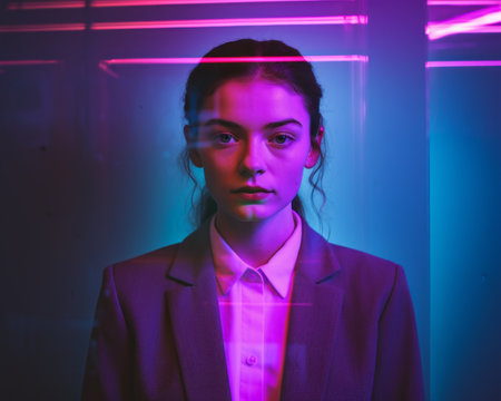 a woman in a suit and tie standing in front of neon lightsの素材