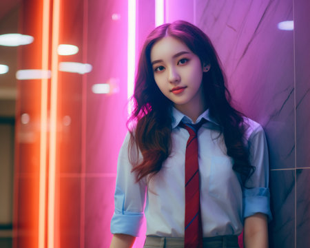 a woman in a tie and shirt standing in front of neon lightsの素材