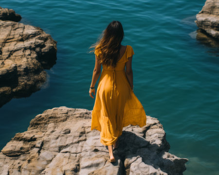 a woman in a yellow dress standing on the edge of a cliff overlooking the oceanの素材