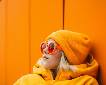 a woman in an orange coat and sunglasses leaning against an orange wallの素材