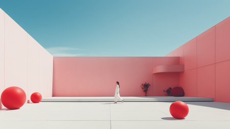 a woman in a white dress stands in front of a pink buildingの素材